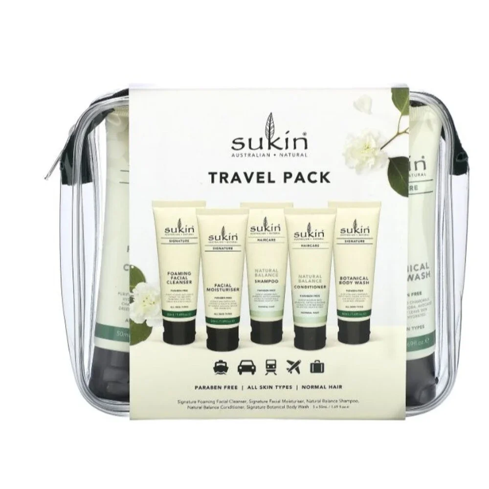 Sukin Travel Pack 5 Piece Set Foaming Cleanser Moisturiser Shampoo Body Wash